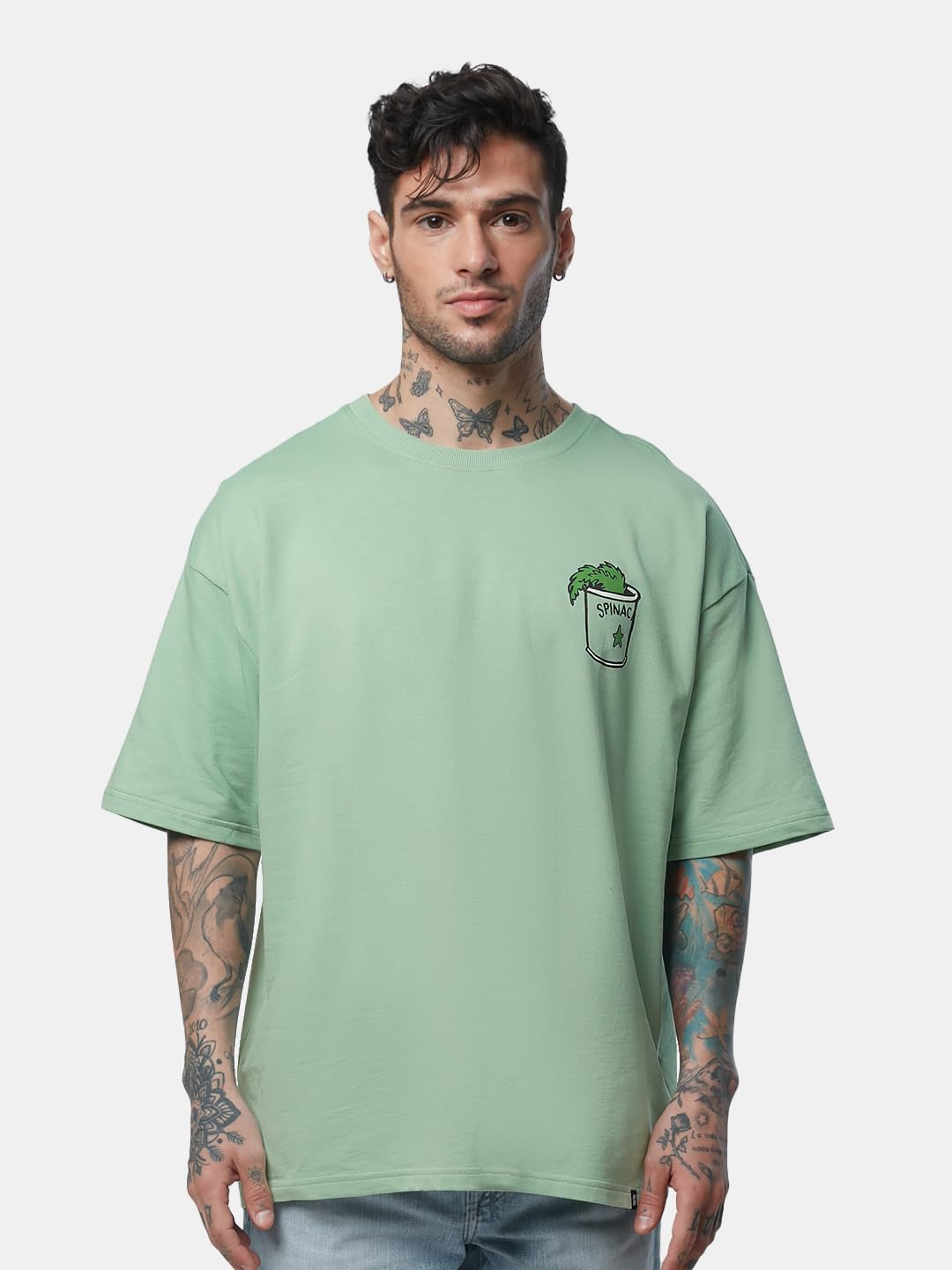 The Souled Store Official Popeye: Spinach Power Men Oversized T-Shirts Sage Green
