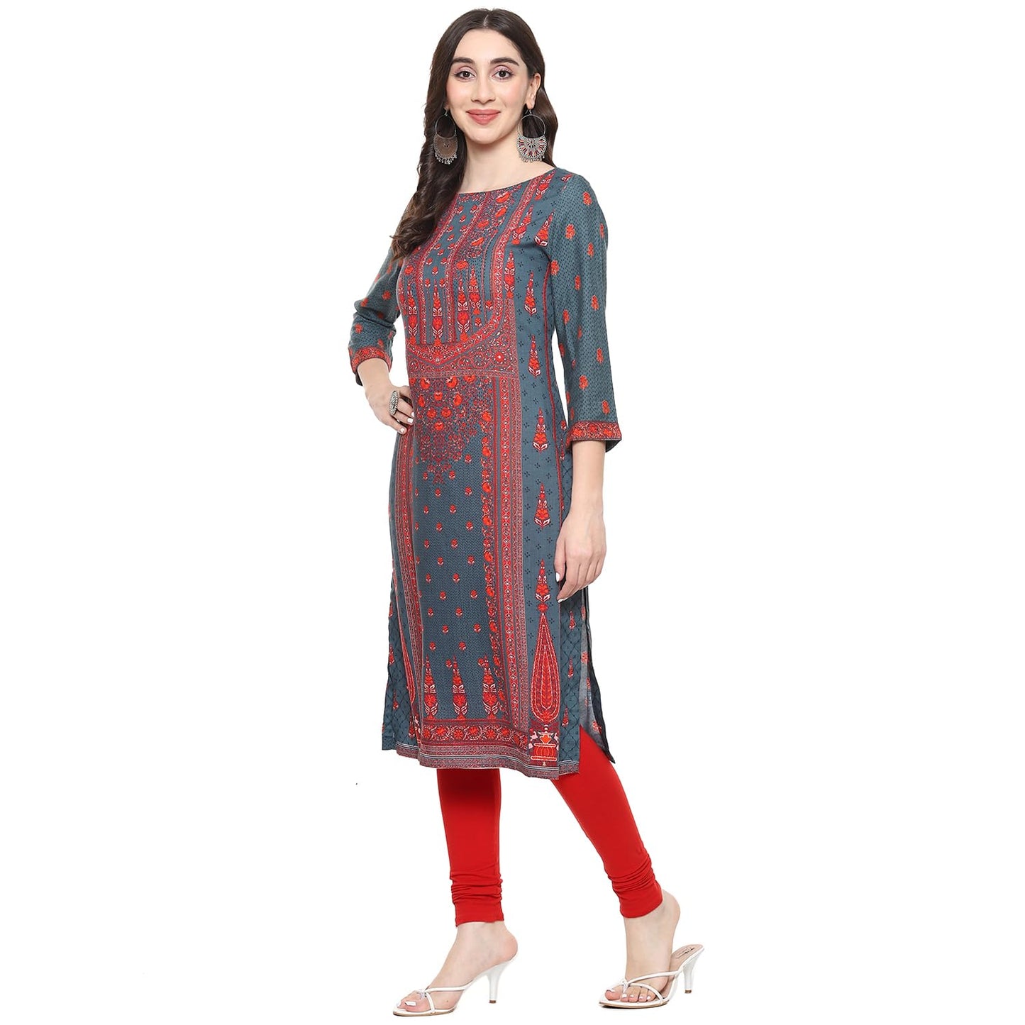 BIBA Women's Rayon Women's Regular Fit Straight Kurta Printed Mix and Match(Assorted19749_Teal_36)