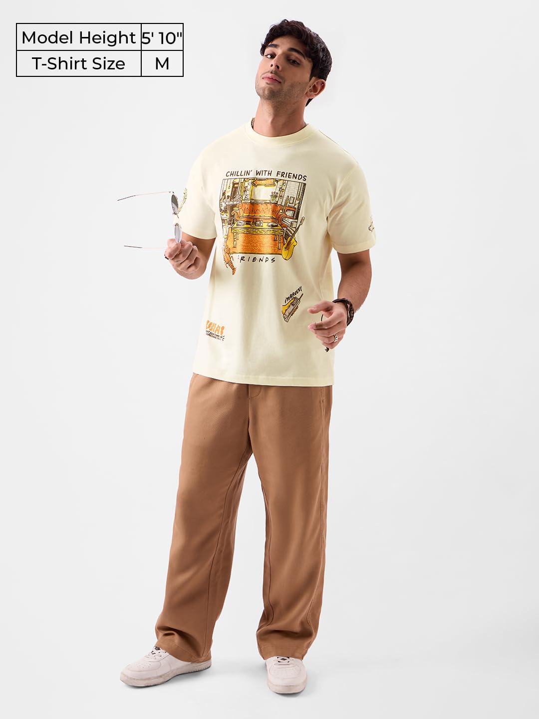 The Souled Store Official F.R.I.E.N.D.S: Chillin' Men and Boys Regular Fit Half Sleeve Graphic Printed Cotton Yellow Color T-Shirt