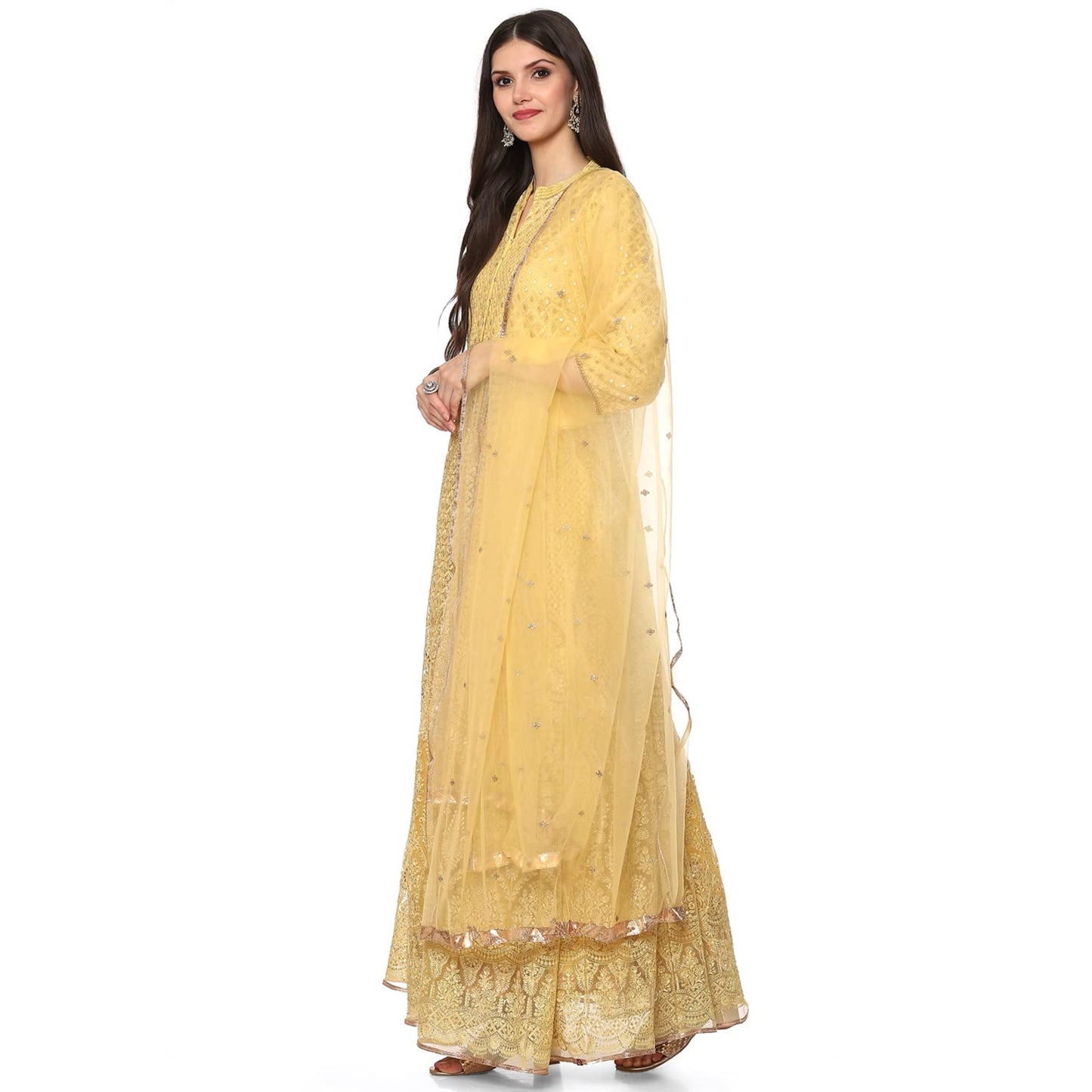 BIBA WOMEN EMBROIDERY FLARED SALWAR KURTA DUPATTA(SKD6463_YELLOW_36)