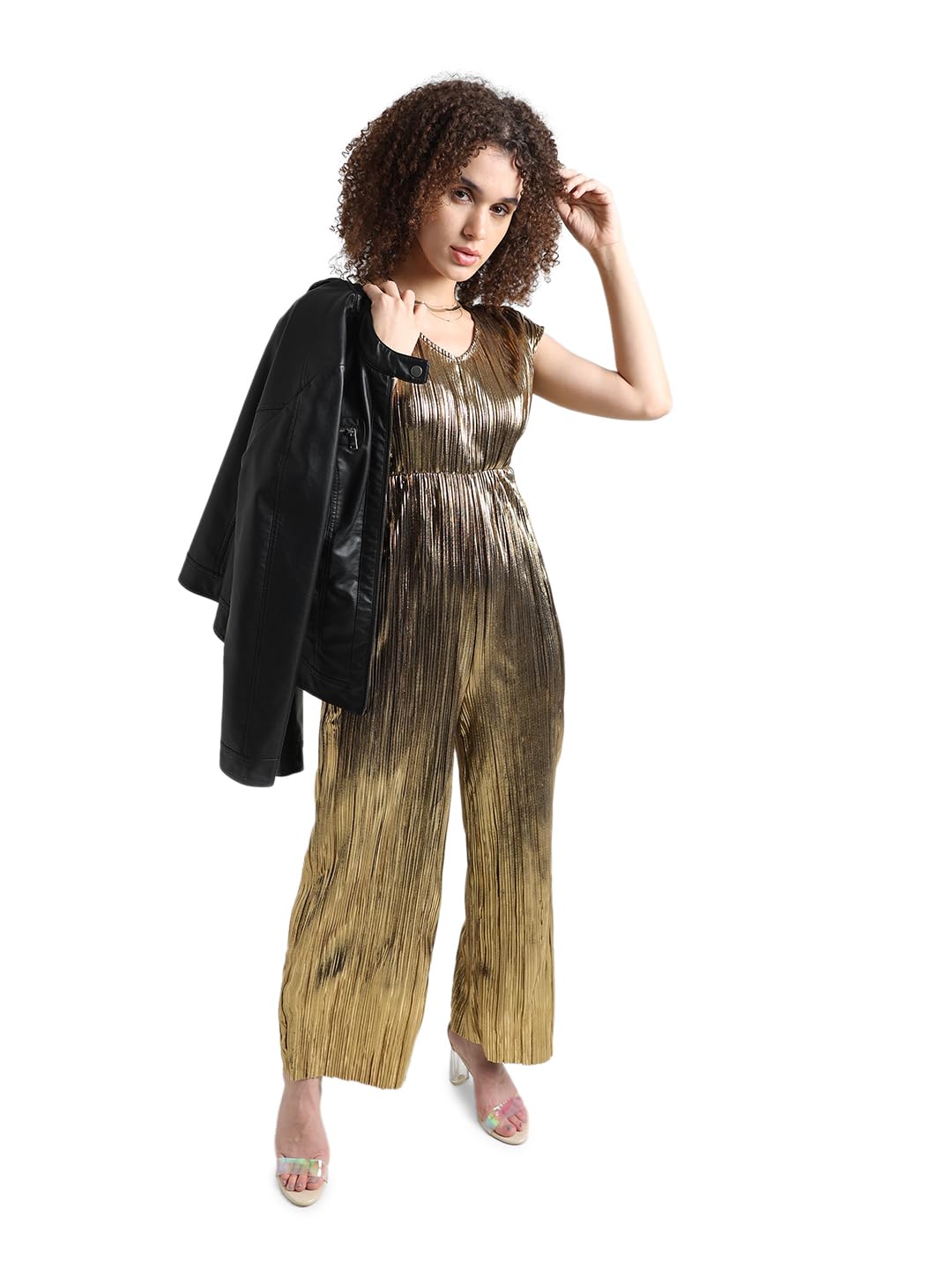 ONLY Women Solid Polyester Relaxed Fit Golden Jumpsuit