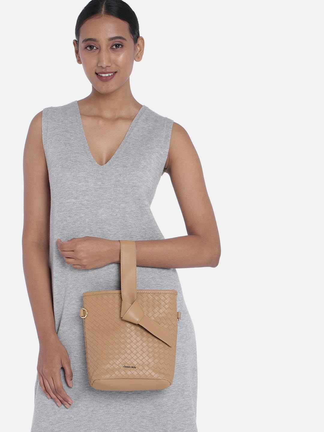 Fastrack Taupe Woven Design Bucket Bag for Women, Girls and Ladies | with Detachable Sling Strap | Handheld Bag for Women
