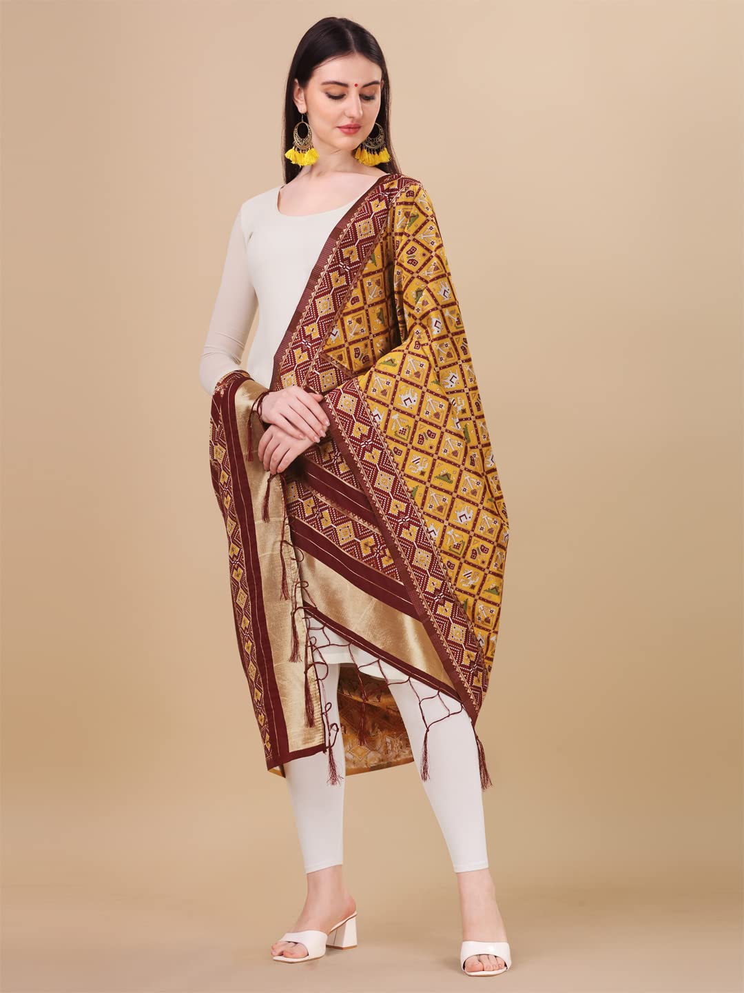 DEVANGI Women's Floral Silk Blend Dupatta (OM-DT-08-MUSTARD-A_Mustard Shade_Free Size)