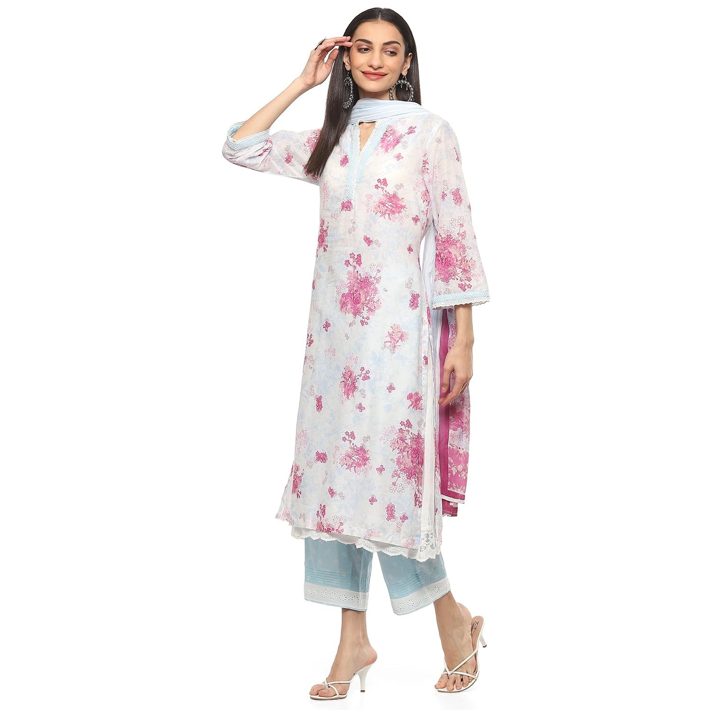 BIBA Cotton Women Printed Layered Salwar Kurta Dupatta(Skd9473_Off White/Blue_42)