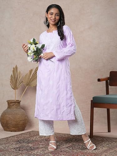 Ada Hand Embroidered Lucknowi Chikankari Cotton Kurta Kurti for Women A411691 Mauve (4XL)