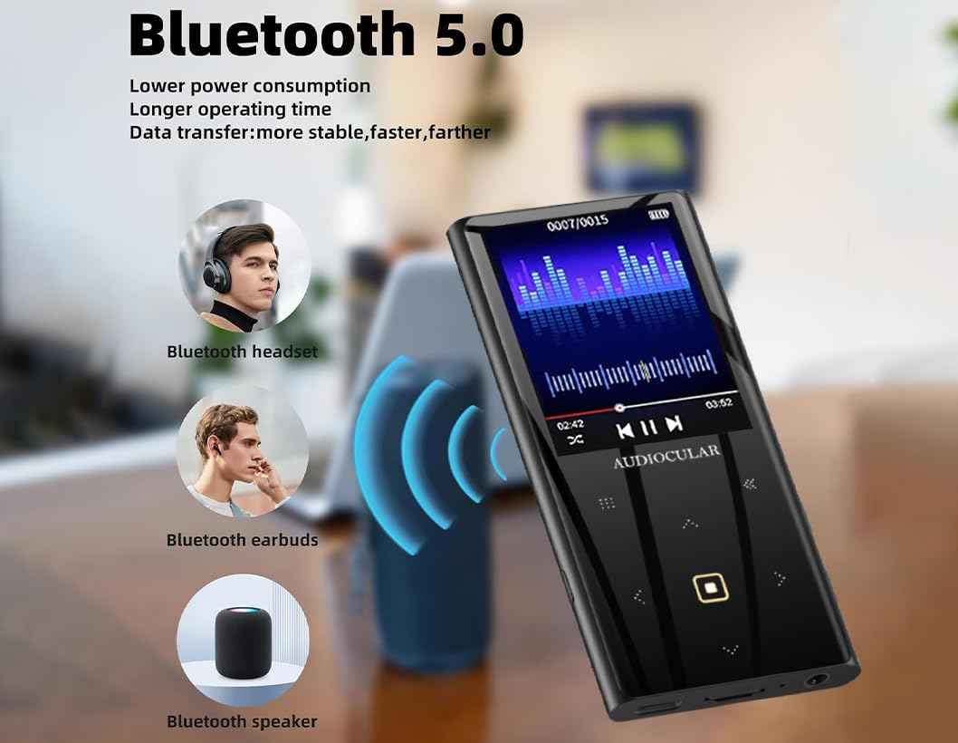 AUDIOCULAR M21 32GB Portable Mp3 Music Player with Bluetooth, 2.4” LCD Touch Screen, Video Playback, Built-in Speaker, Voice Recording Function, Pedometer, Mini Pocket Mp3 Player (32GB - Black)