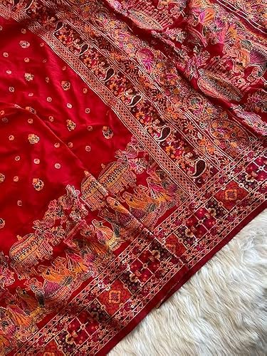 SWORNOF Women's kanjivaram banarasi silk saree Zari Woven for festival Wedding silk with rich pallu Design sarees for women with Unstitched blouse piece (RED1)