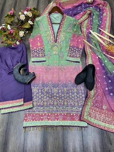 Brulry Women's Green Color Georgette V-Neck Knee Length straight Kurta With Palazzo and Dupatta