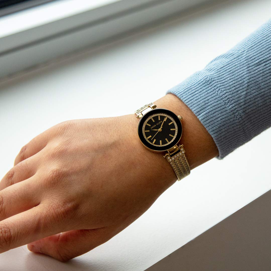 Anne Klein Women's AK/1906BKGB Swarovski Crystal-Accented Watch with Gold-Tone Mesh Bracelet