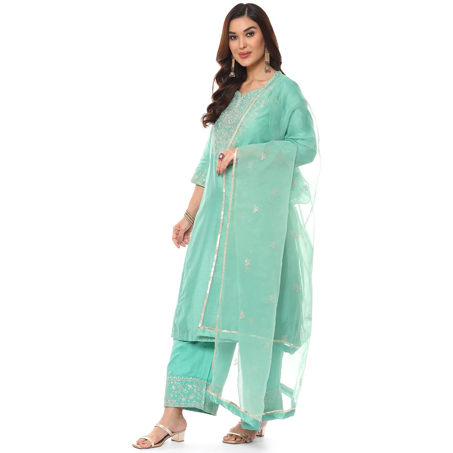 BIBA Women's Ethnic Sea Green Cotton Kurta Suit Set (Size_3XL)