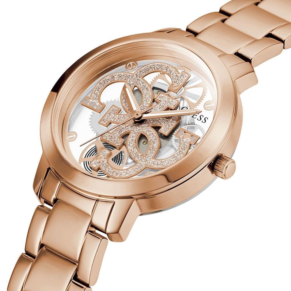 GUESS Analog Unisex Adult Watch (Gold Dial Rose Gold Colored Strap) Stainless Steel