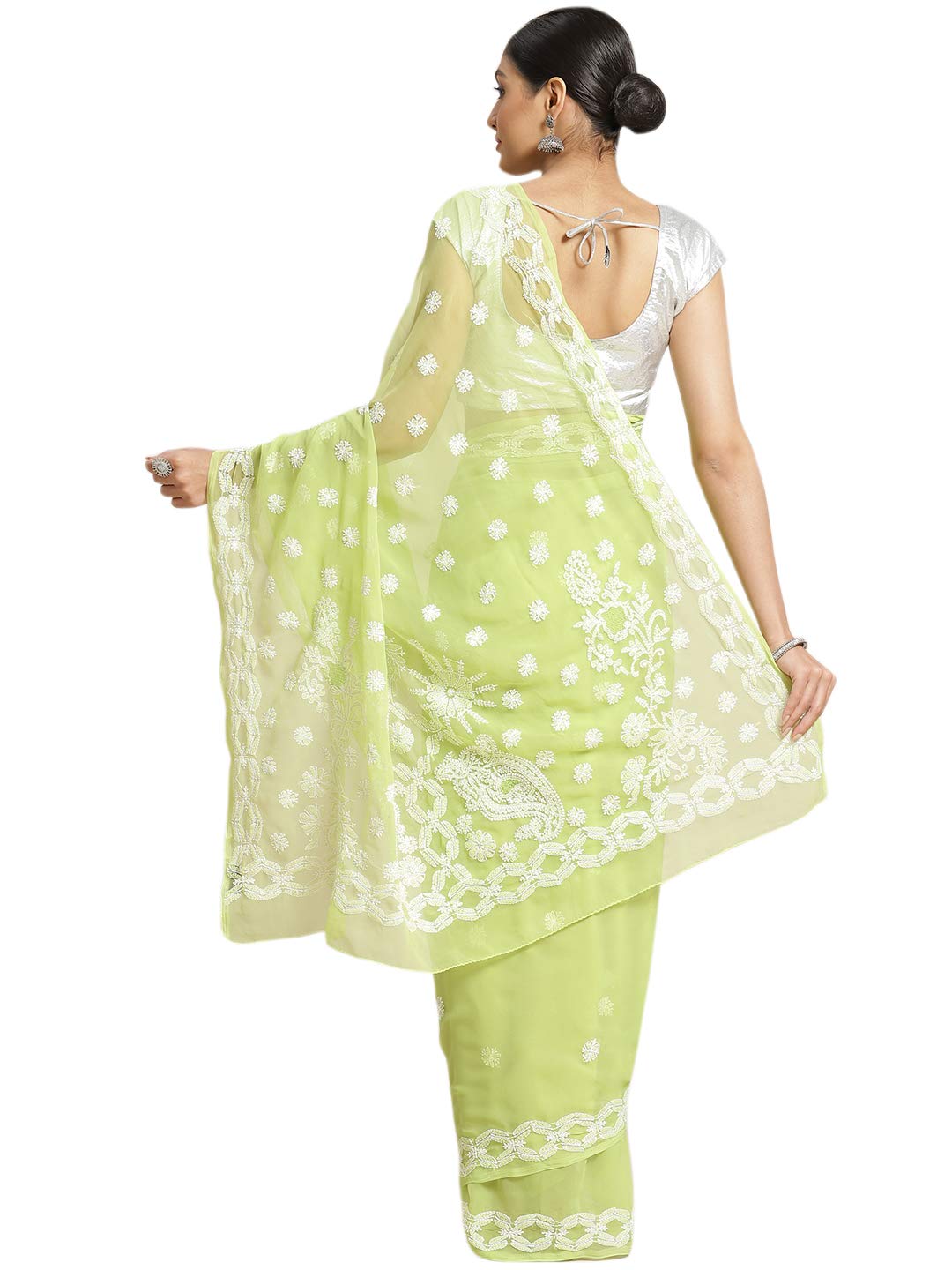 Ada Women Hand Embroidered Lucknowi Chikankari Georgette Saree With Unstitched Regular Fit Blouse Piece A129561, Green