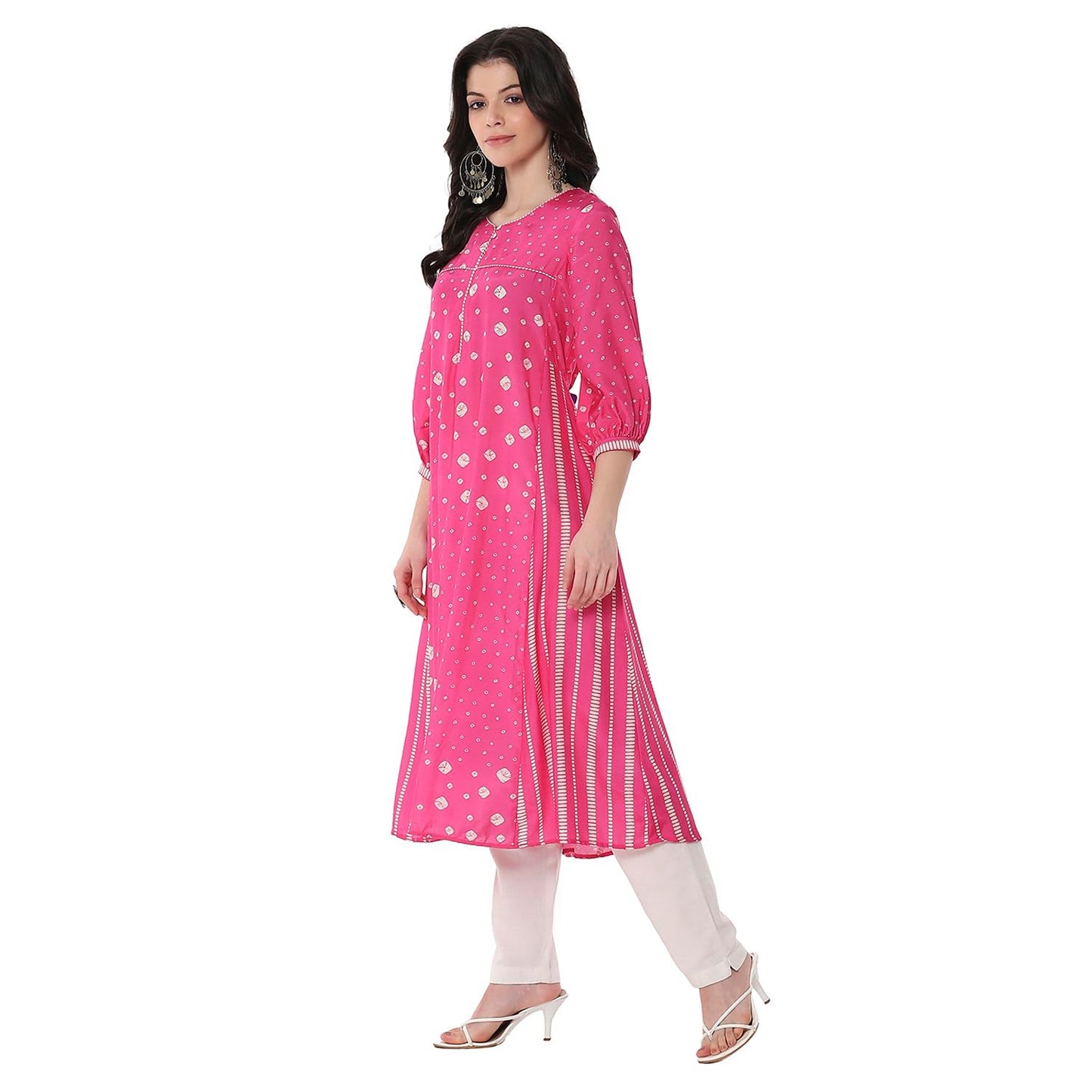 Biba Women's Pink Modal Blend A-Line Printed Kurta