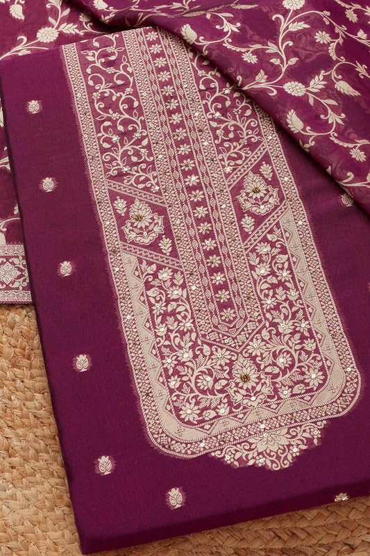 Soch Womens Magenta Organza Zari Woven Unstitch Dress Material With Sequins