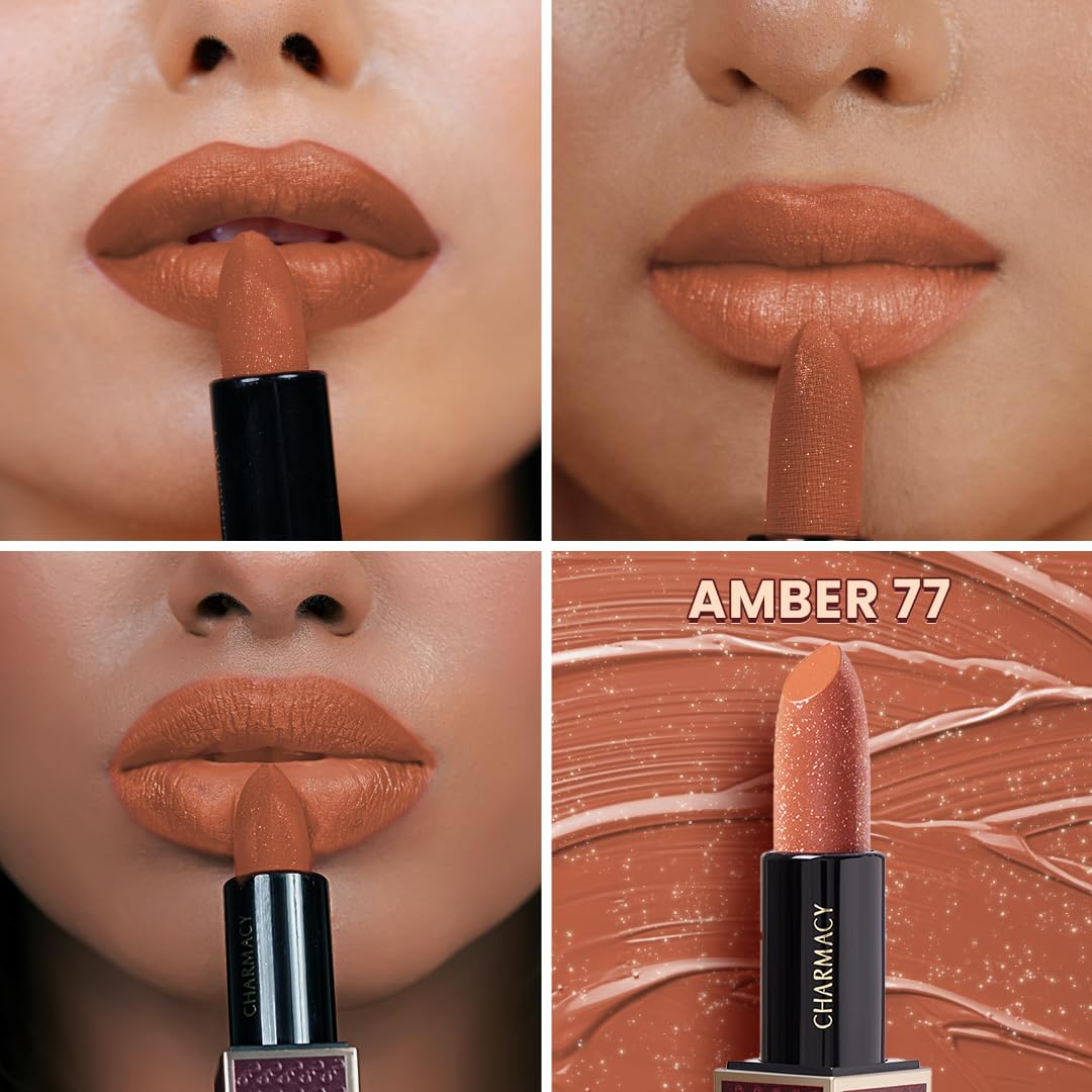 Charmacy Milano Diamond Rush - Amber 77, Creamy & Lightweight Lipstick, Long-Lasting Lipstick, Luxe Shimmer & Matt Finish, 3.8 Gms