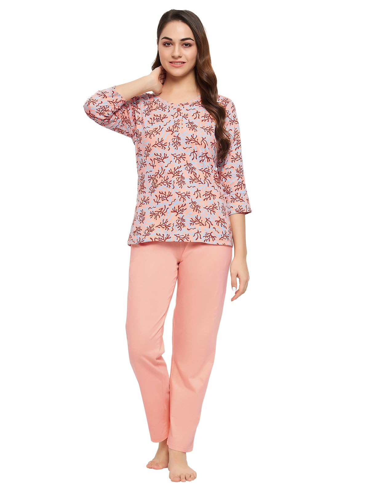 Clovia Women's Cotton Print Me Pretty Top & Chic Basic Pyjama (LS0644P34_Peach_S)