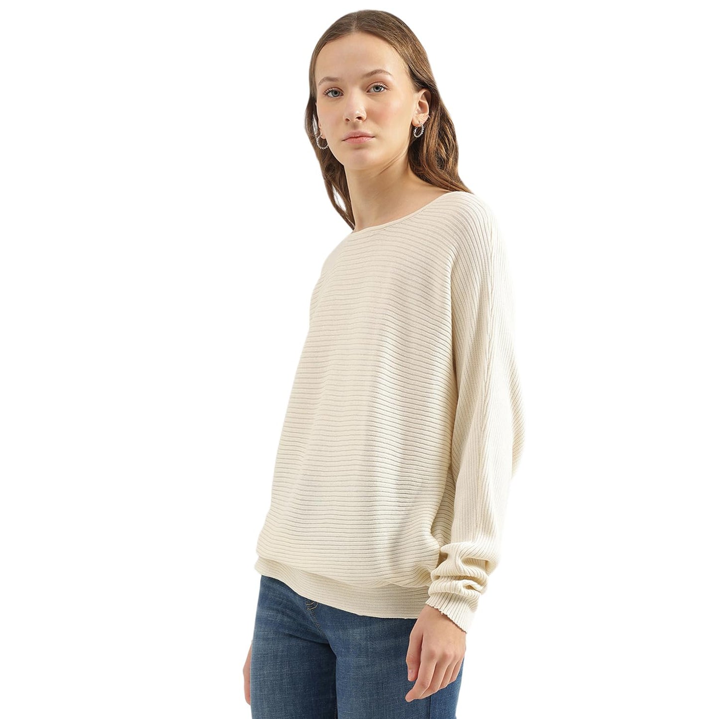 UNITED COLORS OF BENETTON Boat Neck Textured Sweater (Size: L)-24A1SOLOT707I0R2 Beige