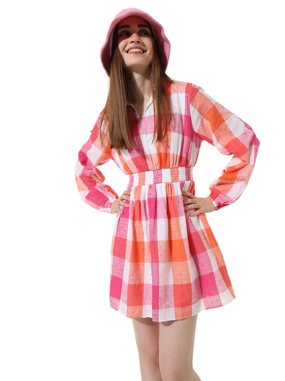 ONLY Women Checkered Cotton Above Knee Pink A-line Dress