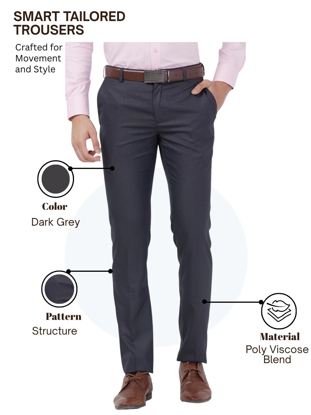 Raymond Men’s Formal Slim Fit Trousers, Structured Pattern Weave, Flat Front Office Wear | Dark Grey