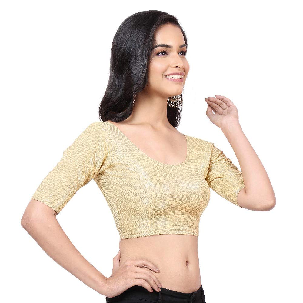 Vamas Women's Shimmer Solid Elbow Sleeves Readymade Saree Blouse (A-38_Gold_M)