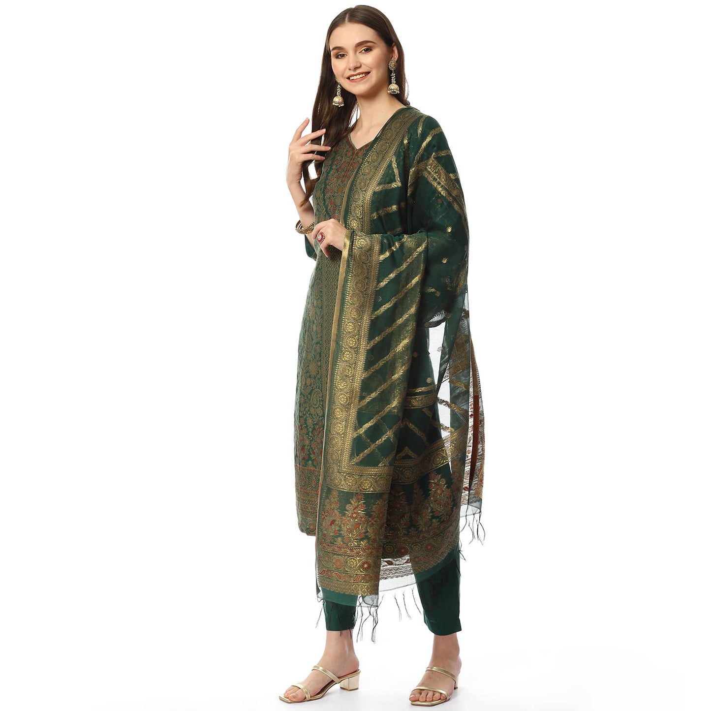 BIBA WOMEN YARNDYED NARROW SALWAR KURTA DUPATTA(SKDASSORTED8386_EMRGREEN_42)