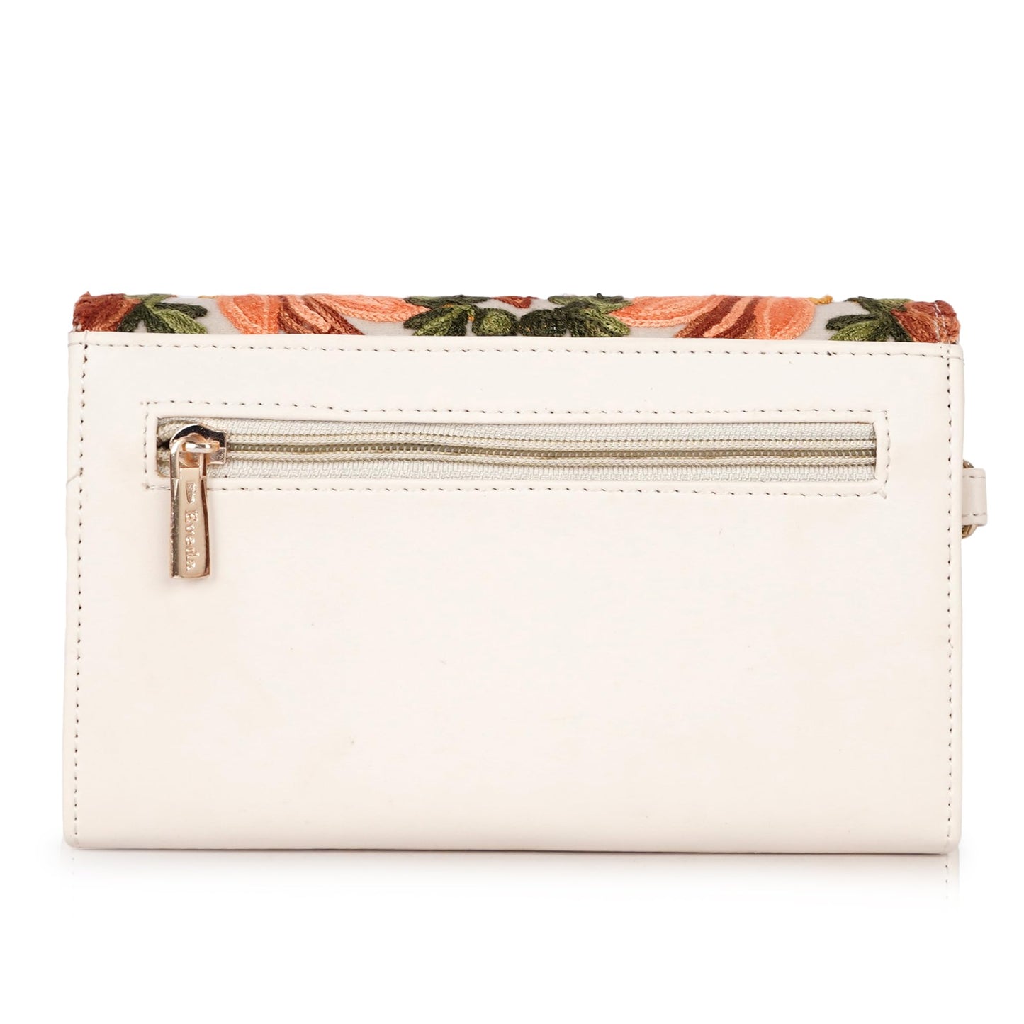 VELUCIA Embroidered Floral Clutch Purse, Gold Design, Ladies Wallet (Beige)