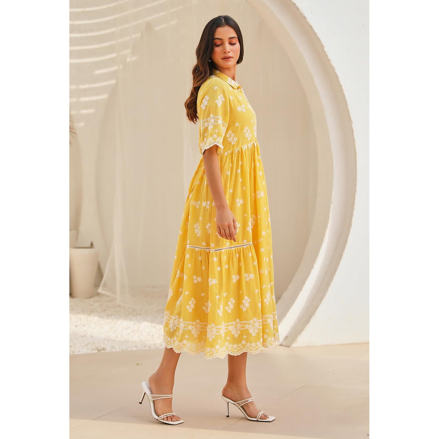 BIBA Women Cotton Tiered Printed Casual Dress Ankle Length CASUAL2404SS24YEL_Yellow, Large