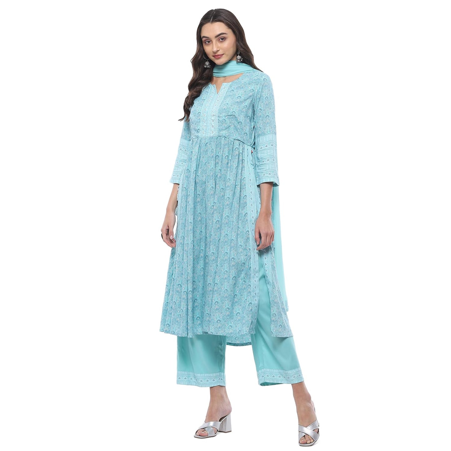 Biba WOMEN PRINTED STRAIGHT SALWAR KURTA DUPATTA(SKDASSORTED7518_TURQUOISE_38)