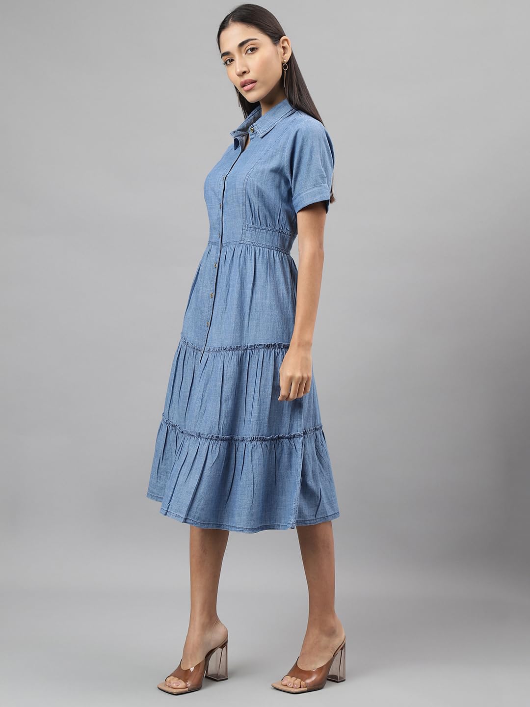 Latin Quarters Women Blue Collar Neck Half Sleeve Solid Knee Length Shirt Dress Casual for Wear