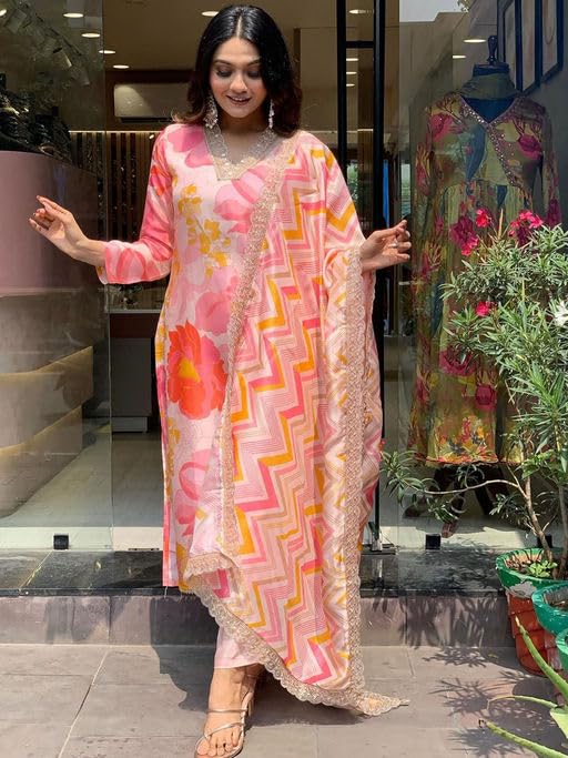 SHIENZY Women's Casual Cotton Blend Floral Printed V Neck Straight Traditional Suit Salwar with Dupatta || Matching Kurta Pant Sets || Festive Ethnicwear (1501SHZ_PNK_XL) Red