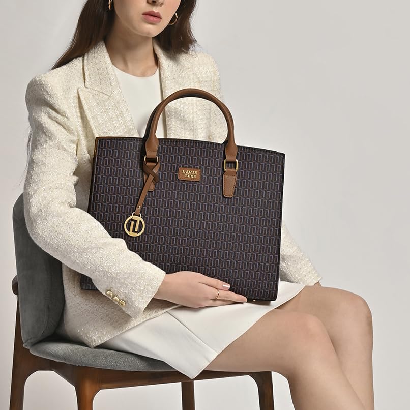Lavie Luxe Women's Ellon25 Monogram Laptop Satchel Handbag for Women | Fits Upto 15 Inch Laptop | Laptop Bag for Work | Ladies purse | Stylish Shoulder Bag | Gift For Women