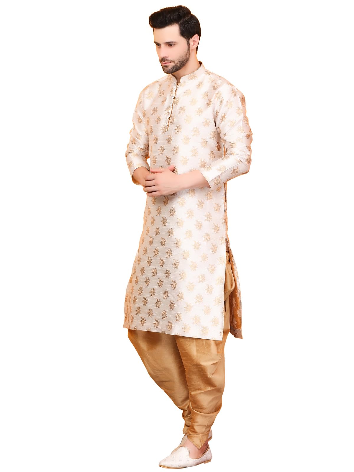 Over Crowd Men New Look Floral Gold Leaves Jacquard Kurta & Salwar Set (Cream & Gold);Size:42, XL