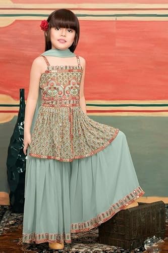 DIGILINE Georgette Embroidered Square Neck Sleeveless Kurti Sharara Set With Dupatta | Casual Stylish Kurti Sharara set for girls