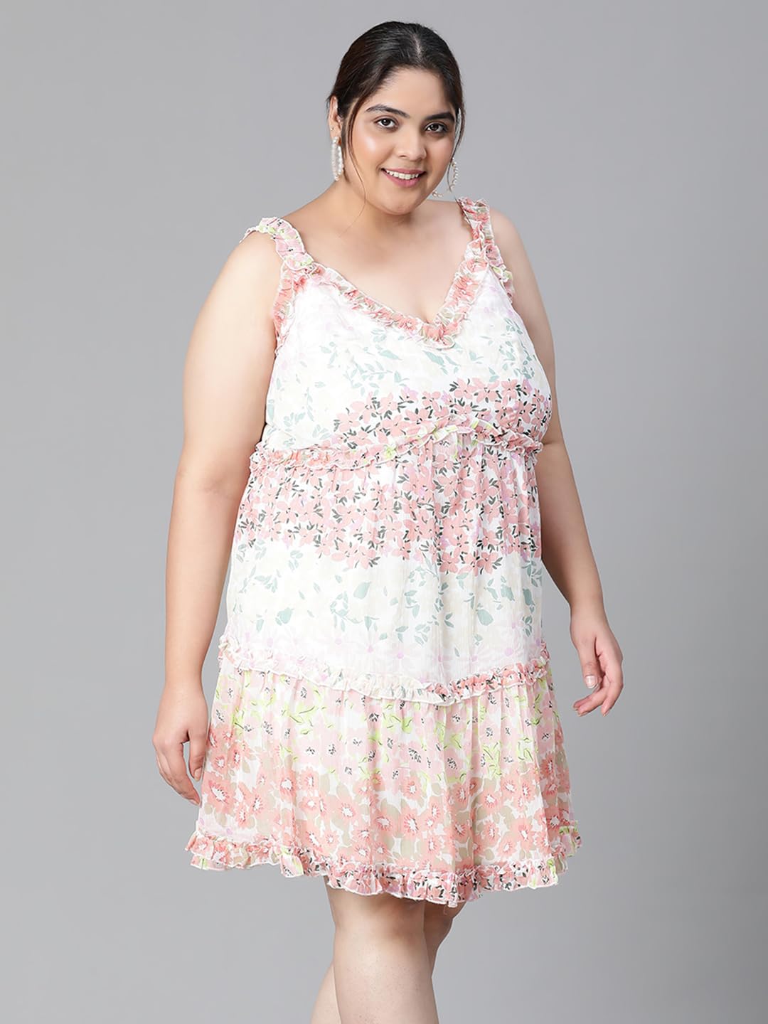 oxolloxo Women Plus Size Multicolor Floral Print Round Neck Sleeveless Knee-Length Dress