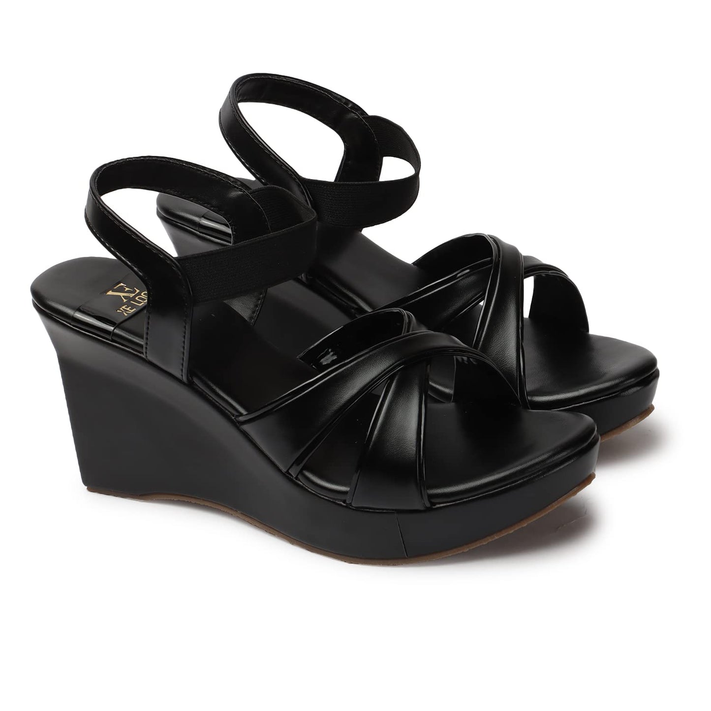 XE Looks Women's Black Wedge Heel Sandals | Stylish Cross Strap Slip-On Sandals for Girls | Comfortable Cushioned Sole | Open Toe Design | Ideal for Casual Party Office and Formal Wear
