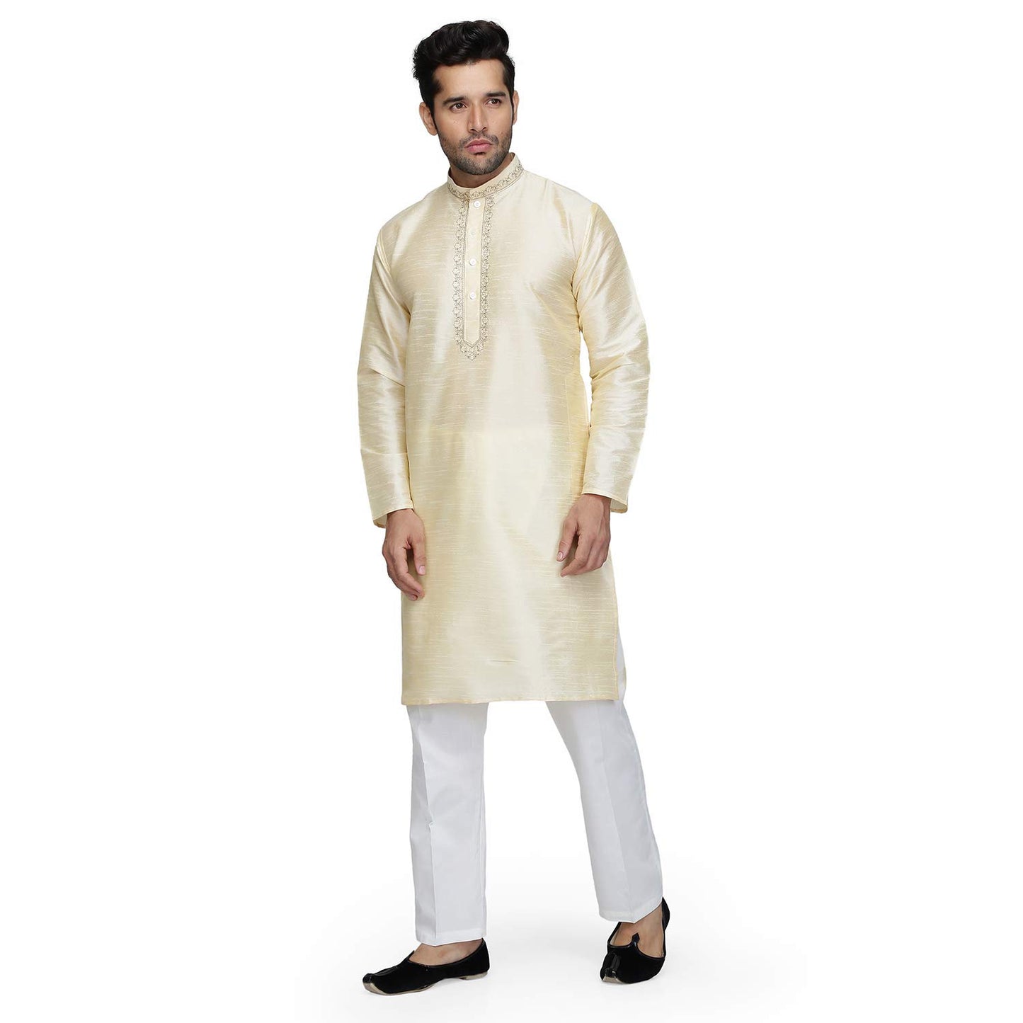 Royal Kurta Men's Embroidered Silk Kurta and Pyjama Set (40, Kurta only, Gold)