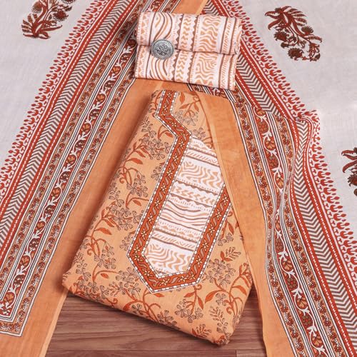 BIBA Women Peach Cotton Screen Print Unstitched Suit Set_FREE SIZE