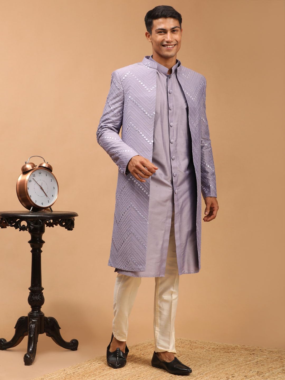 VASTRAMAY Mirror Work Front Open Sherwani Set with Pant Style Pyjama for Men – Elegant Ethnic Wear for Weddings & Festivals