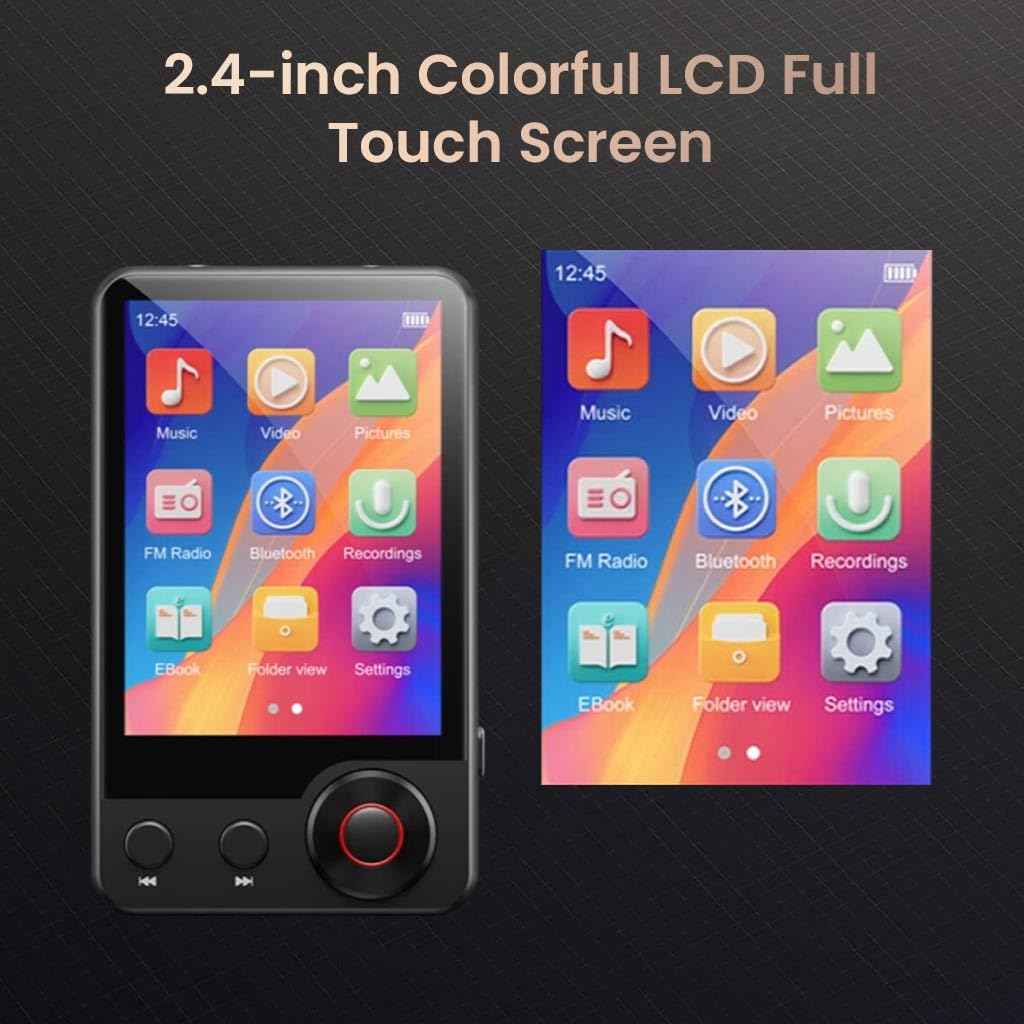 AUDIOCULAR M71 MP3 Music Player with Bluetooth 5.3, HiFi Speaker, 2.4” Touch Screen, 32GB Storage (Up to 128GB), Dual Audio Jack, Type-C Port, Video Playback, E-Book, Alarm, FM Radio etc. (32GB-Black)