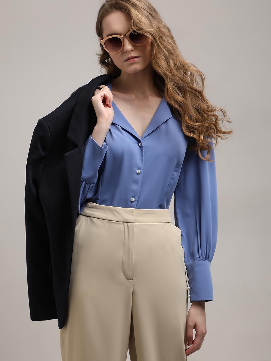 VERO MODA Women Solid Blue Polyester Regular Fit Shirt