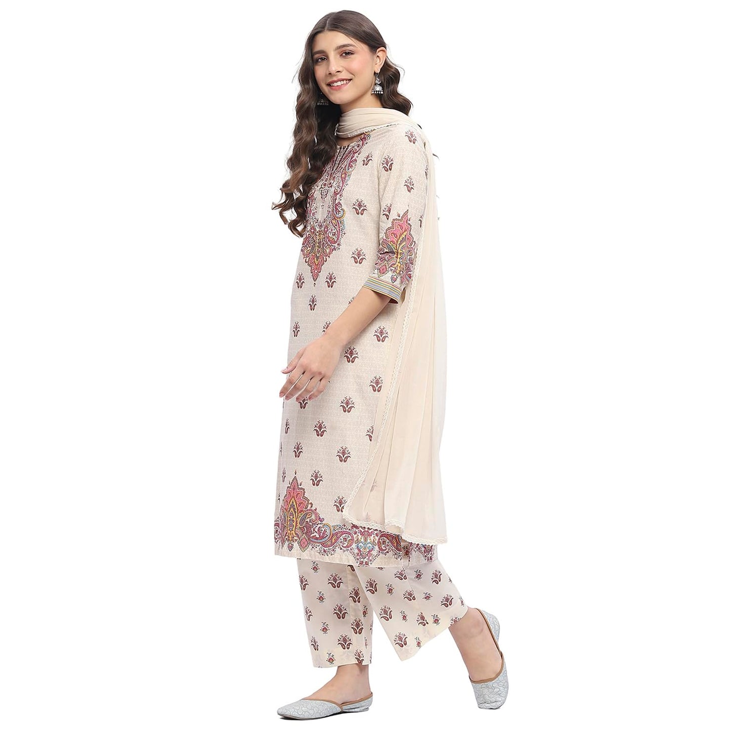 BIBA Women's Beige Pure Cotton Printed Straight Kurta Sets_36