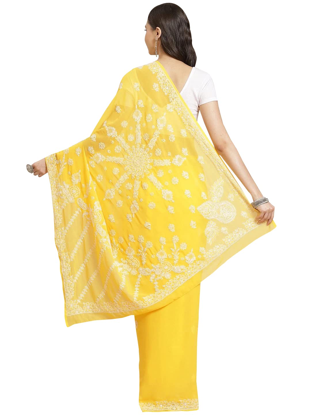 Ada Hand Embroidered Lucknow Chikankari Women's Georgette Saree with Unstitched Blouse Piece A311340 Yellow