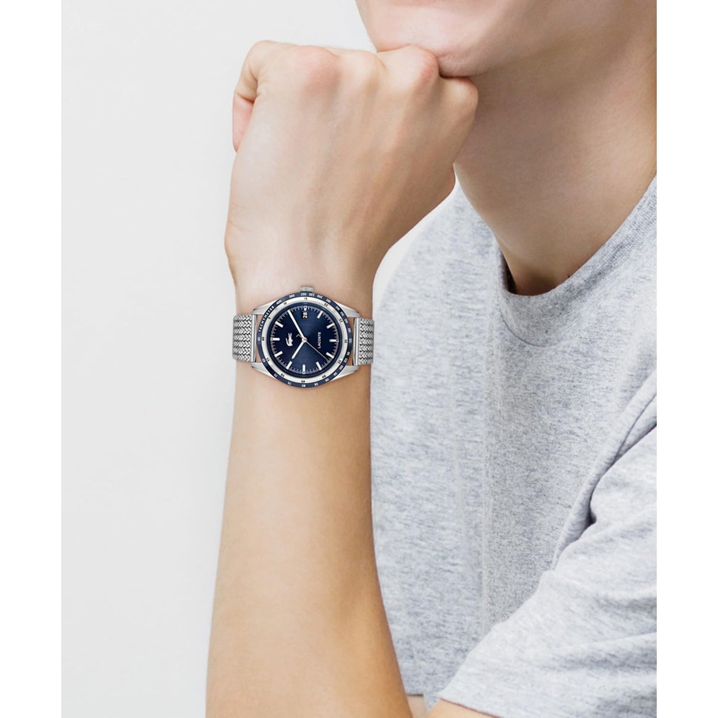 Lacoste Everett Qtz Basic Calendar Blue Round Dial Men's Watch|Stainless Steel Material|Silver Color Band - 2011294