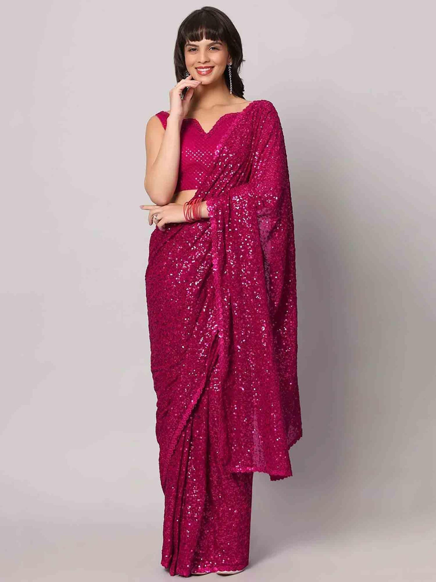 Zeel Clothing Women's Pink Sequins Work Heavy Georgette Saree with Blouse (1003-Hot-Pink-Sequins-Party-Saree-New, Hot Pink)