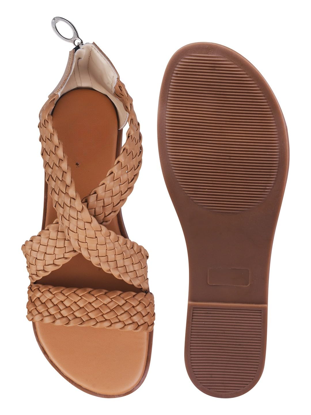 GLEMATOZ Women’s Tan Flat Sandals – Open Toe Slip-On Summer Flats with Lightweight & Comfortable Beach Flats EU38
