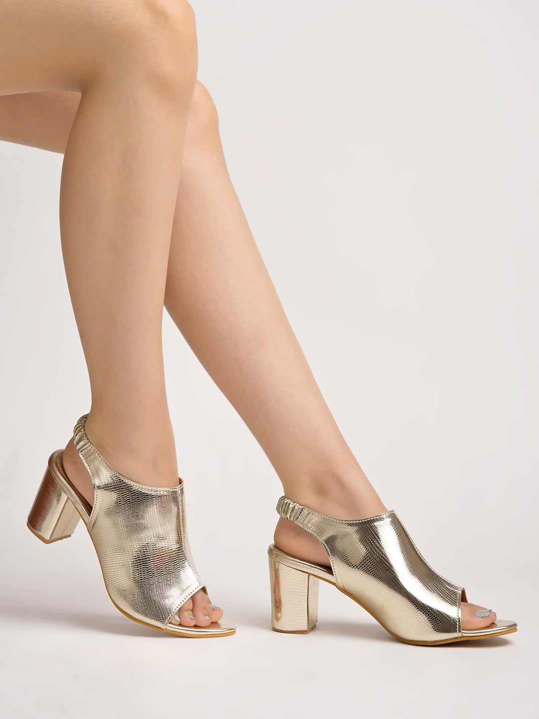 Shoetopia Western Embellished Golden Block Heeled Sandals For Women & Girls /UK7