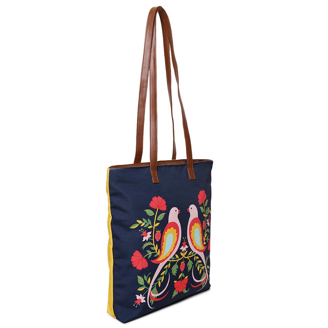 Chumbak Feathered Mates Tote Bag – Canvas Shoulder Bag for Women, Colorful Bird Print, Zipper Closure, Ideal for College, Travel, Office