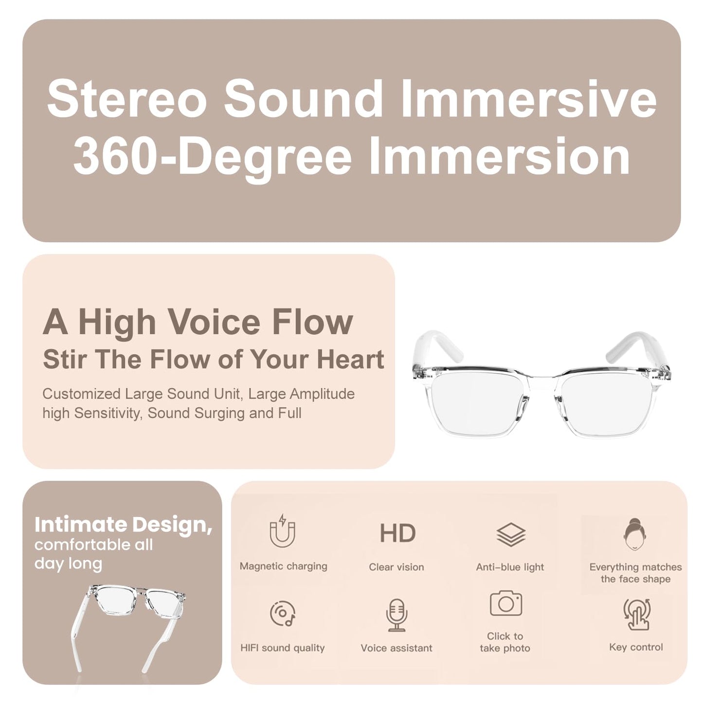 Tunifi G01 Smart Glasses Wireless Bluetooth with Magnetic Charging Hands-Free Calling, Anti-Blue Light, Sport Headset, Eyewear Intelligent Eyeglasses (White)