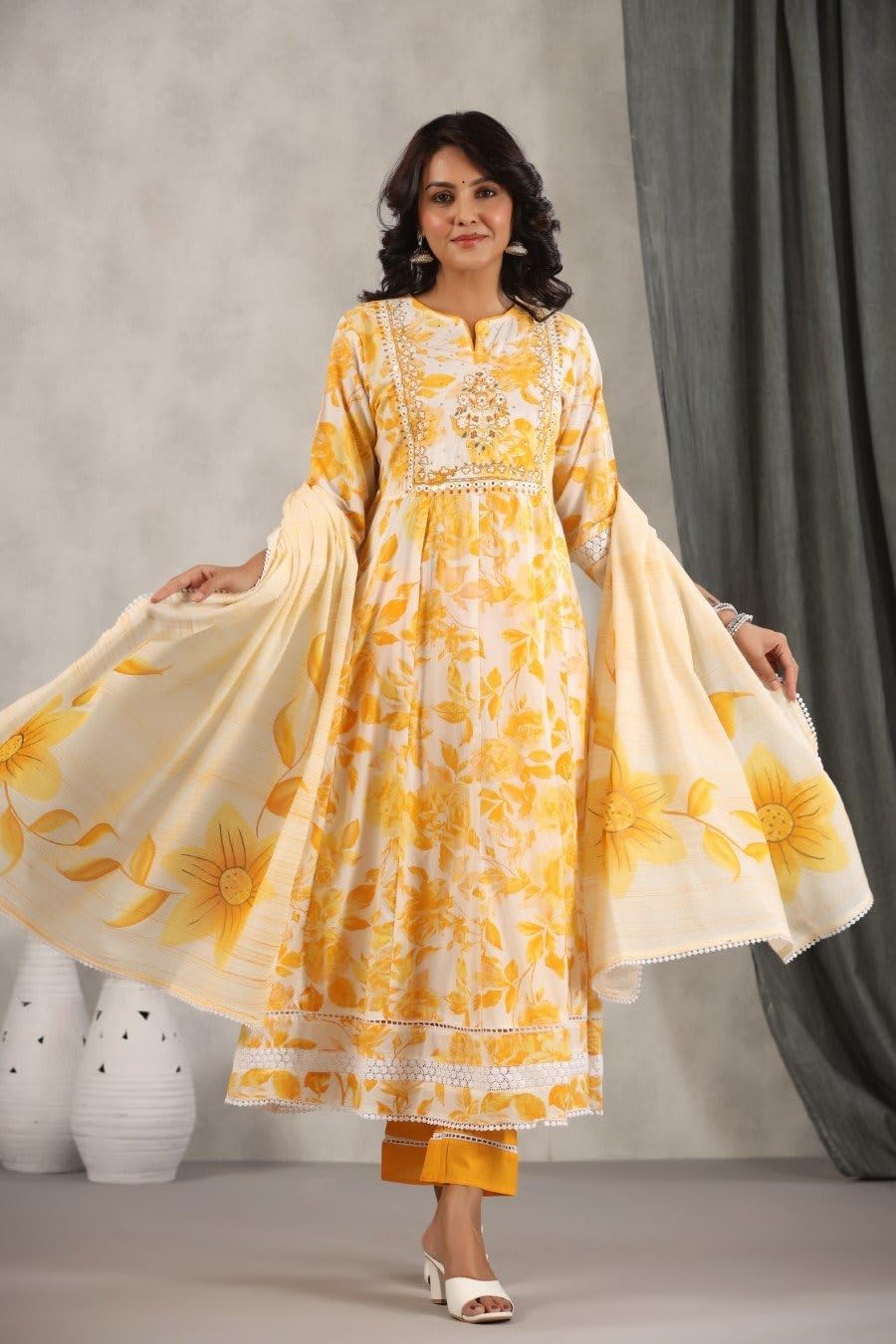 Shantika Women's Printed Rayon Anarklai Kurta Pant Set With Dupatta (XXXX-Large, Yellow Flower)