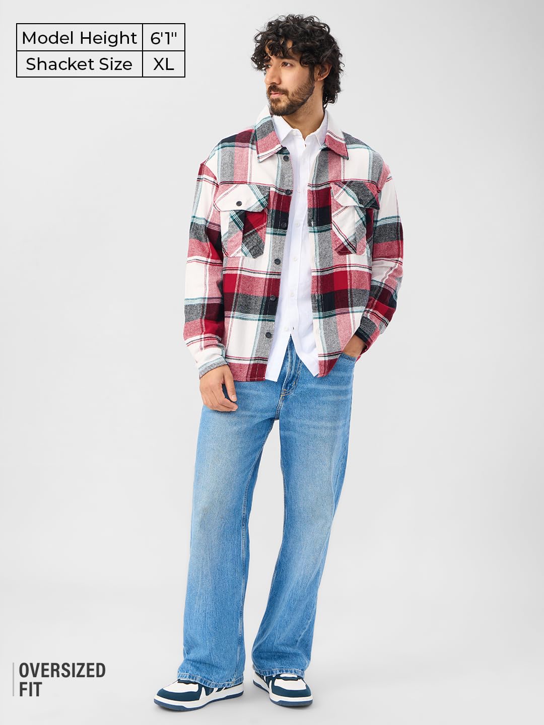 The Souled Store Plaid: Red, White, Blue Men and Boys Long Sleeves Collared Neck Button Front Cotton Oversized Flannel Shackets
